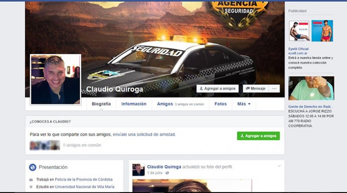 Quiroga publicitaba su empresa de seguridad en su Facebook