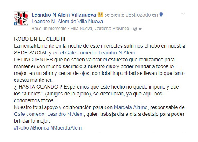 Robaron en el bar-comedor del Club Alem Robaron en el bar-comedor del Club Alem