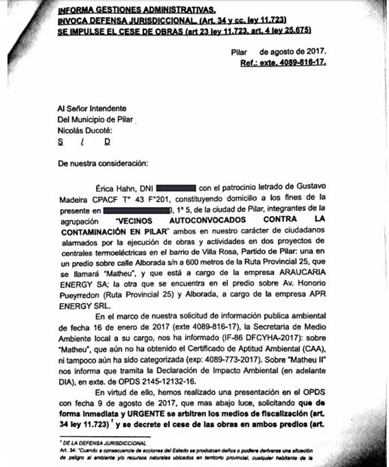 Centrales termoeléctricas: ahora piden detener dos obras en Pilar Centrales termoeléctricas: ahora piden detener dos obras en Pilar