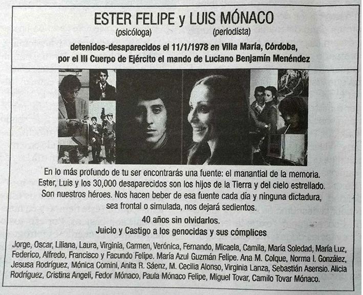 Ester Felipe y Luis Mónaco llevan cuatro décadas desaparecidos